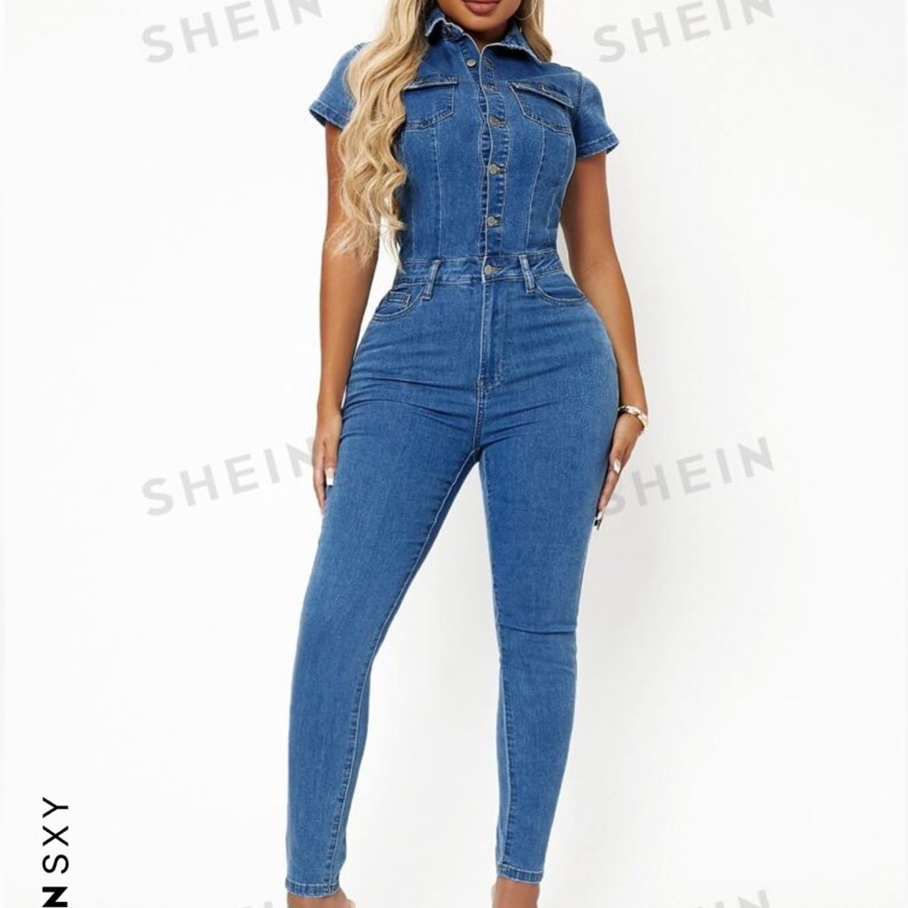 SHEIN Blue Denim Short-Sleeve Jumpsuit